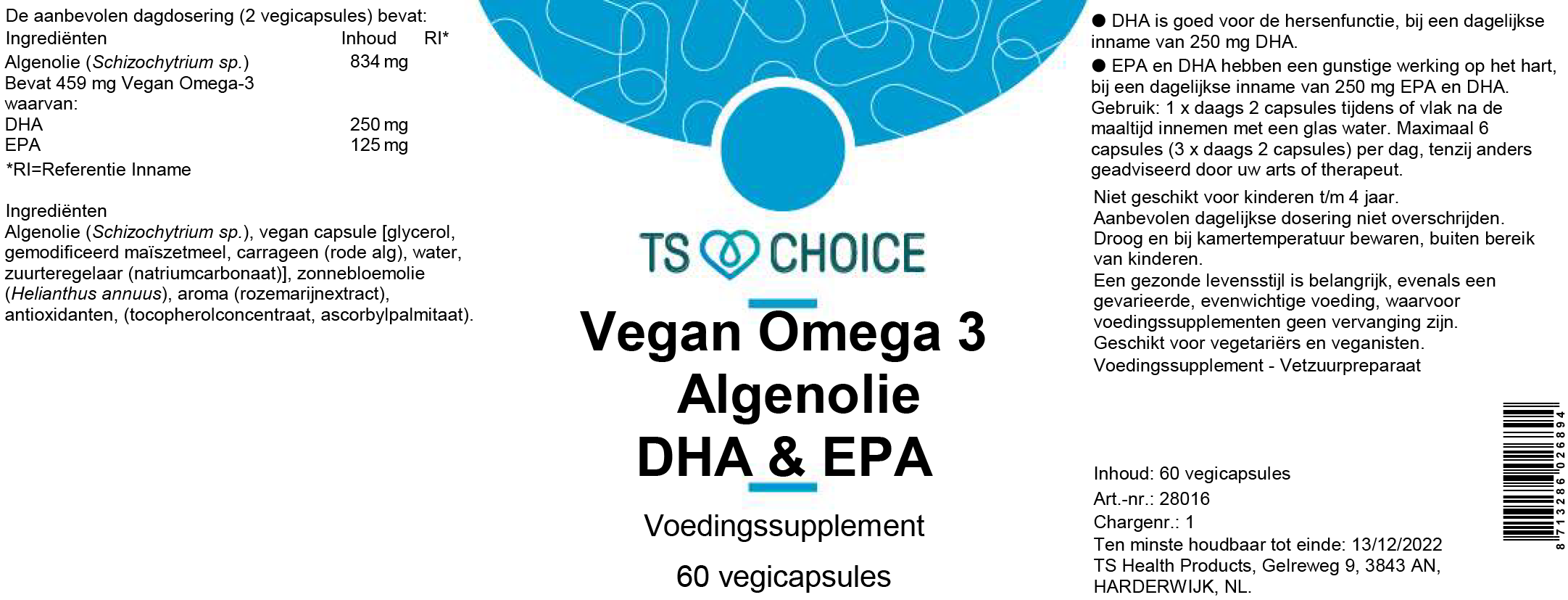 TS Choice Vegan Omega 3 Algae Oil, 60 vcaps